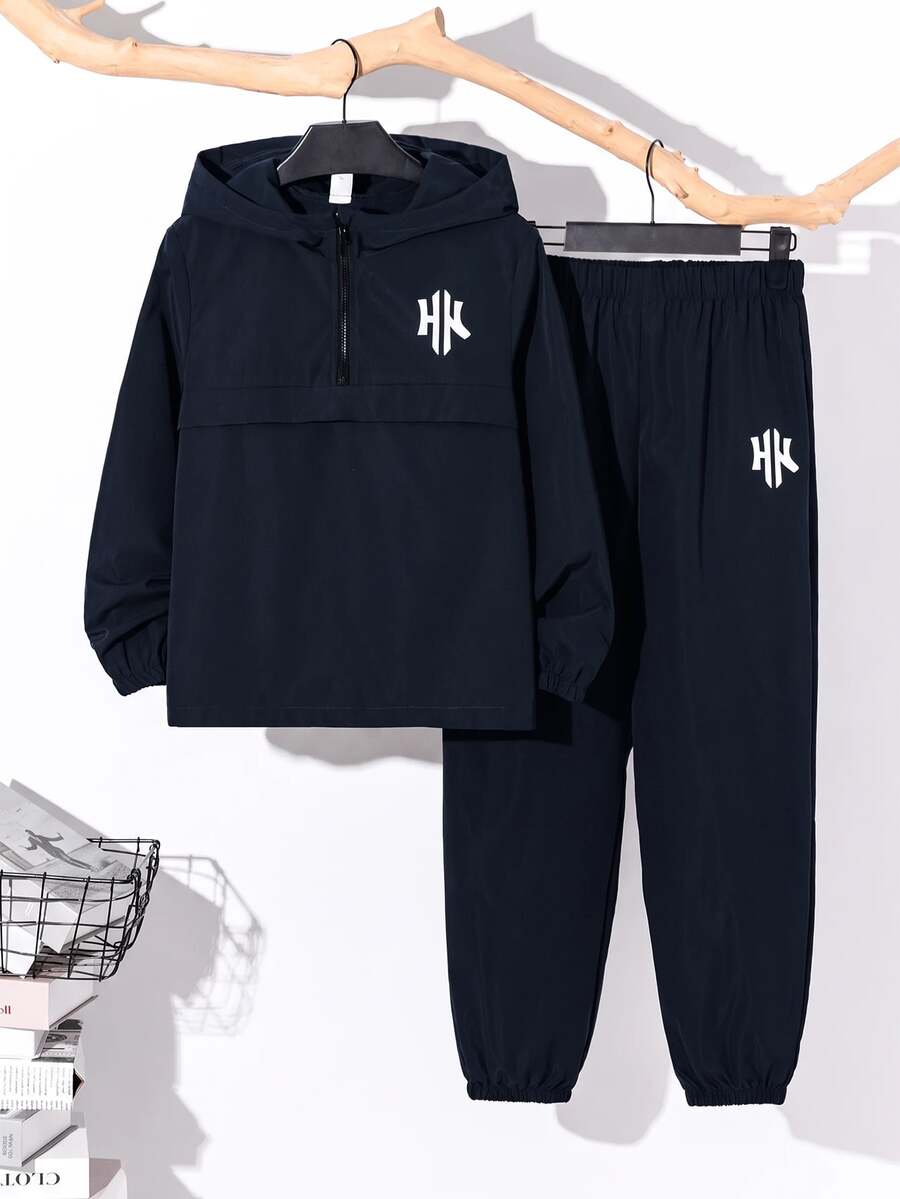 Tween Boy Half-Zip Hooded Jacket And Cuffed Pants 2 Pieces Set, Casual Sports Style For Autumn/Winter - Multicolor - View 1