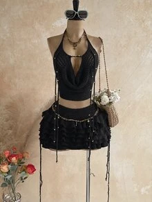 Soleia 女款春夏浪漫熱帶度假兩件套：垂領鉤編背心上衣、鋼珠流蘇多層荷葉邊裙，黑色 - 黑色 - 查看 2