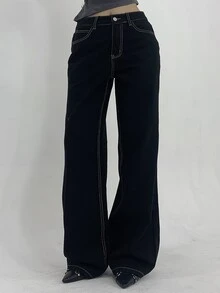 Dazy Tall Women's Black And White Jeans With Contrast Stitching Summer School Everyday Casual Street - Black - View 11