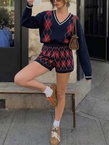 SHEIN PariChic Women's Argyle Jacquard Sweater And Shorts 2 Pieces Set - Multicolor - View 1