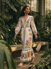 CAJUNI Long Summer Dress With Puff Sleeves And Floral Print. - Multicolor - View 4