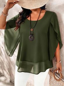 SHEIN LUNE 大尺碼女款透視襯衫，大喇叭袖，修身優雅 - 軍綠色 - 查看 6