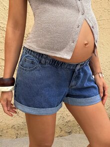 SHEIN Maternity Casual Versatile Daily Wear Denim Shorts With Pockets Jean Shorts - Dark Wash - View 5