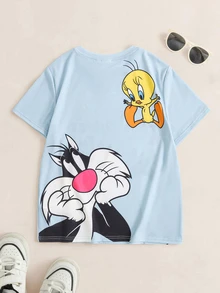 LOONEY TUNES X SHEIN 青少年男孩圓領短袖休閒百搭T恤 - 藍色 - 查看 2