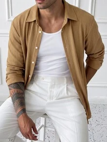 HUEFORM Men's Old Money Style Vertical Textured Knit Single-Breasted Shirt For Commuting - Khaki - View 5