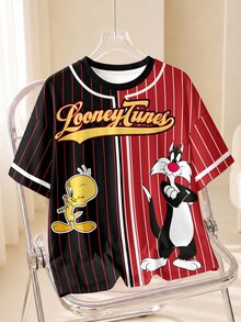 LOONEY TUNES X SHEIN 大尺碼女款字母卡通印花休閒日常短袖T恤 - 白色 - 查看 1