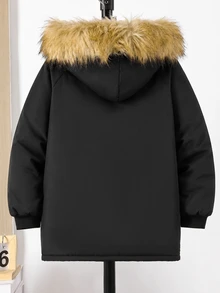 SHEIN 1件小男孩黑色連帽外套，保暖舒適，適合4-7歲小男孩在秋冬春季穿著。這件外套不僅適合上學，也適合居家穿著。無論是去學校還是待在家中，小男孩都可以穿這件百搭外套 - 黑色 - 查看 2