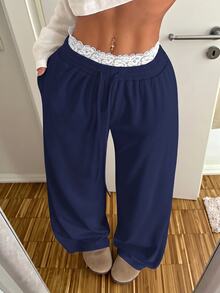 SHEIN EZwear Women's Casual Comfortable Navy Blue Solid Color With White Lace Patchwork Long Pants, Fall Clothes For Women, Winter Clothes For Women, Fall Winter 2026 - Royal Blue - View 7