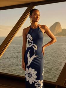 CAJUNI Chic Vacation Golden Flower Embroidery Navy Blue Jersey Knit Long Dress - Navy Blue - View 6