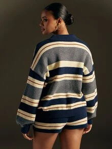 Hauture Women's Colorblock Striped Polo Dropped Shoulder Sweater And Shorts 2-Piece Set, Loose Long Sleeve Knit Pullover Matching Outfit, Casual Set - Multicolor - View 5