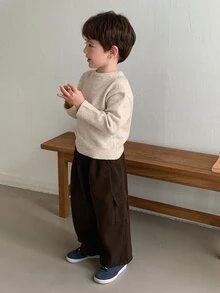 Dazy Kids Boys (Small) Crew Neck Pullover Loose Casual Basic Sweater Top, Autumn/Winter - Beige - View 2