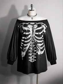 SHEIN ICON 大尺碼 Y2K 骷髏印花寬肩開衩迷你洋裝，萬聖節露肩洋裝 - 黑色 - 查看 3