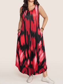 Comfylo Plus Size Casual Printed Colorblock Pocket Dress For Vacation - Multicolor - View 4