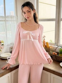Snug Reverie طقم بيجامة بأكمام طويلة مع فيونكة وحافة مكشكشة مزينة بالدانتيل ملابس منزلية - وردي فاتح - مشاهدة 4