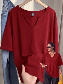 Muchica Burgundy Plus Size Women's V-Neck Drop Shoulder Sleeve T-Shirt - Burgundy - View 1