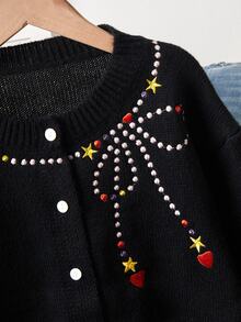 SHEIN Tween Girl Fashion Casual Sweet Star Pattern Knit Cardigan - Black - View 4