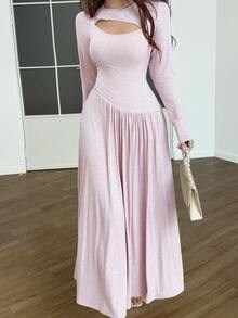 Feyla 女款純色圓領長袖鏤空設計優雅長洋裝 - 粉色 - 查看 2