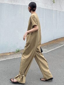 FRIFUL Women's Solid Color Round Neck Short Sleeve Zipper Front Casual Jumpsuit Fall - Brown - View 2