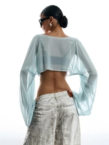 LYSMO Women's Rhinestone Embellished Casual Versatile Daily Wear Shirt, Fall Clothes, Social Blouse, Y2k, Chic Top Halloween - Mint Blue - View 3