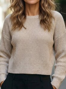 Louniche 女款休閒套頭針織毛衣，圓領，燕麥色紋理，學院風，適合運動、休閒、度假與居家穿著 - 卡其色 - 查看 3