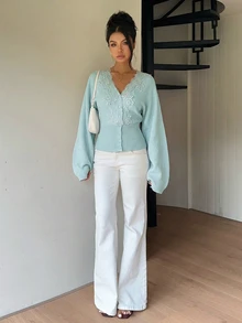 Siren Gaze 女款新款秋季蕾絲拼接V領收腰毛絨針織開襟衫，青綠色、鴨綠色、淺藍色，適合早午餐茶會，浪漫優雅 - 薄荷藍 - 查看 3