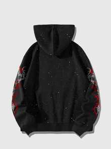 ROMWE MEN Men's Angel Print Long Sleeve Zip-Up Hoodie With Drawstring - Black - View 2