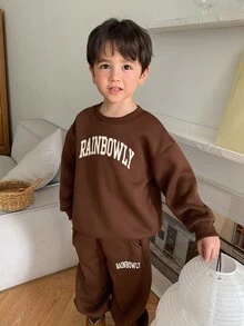 Dazy Kids Young Boy Coffee-Colored Knit Letter Print Sweatshirt And Sweatpants Set Hoodies - Coffee Brown - View 3