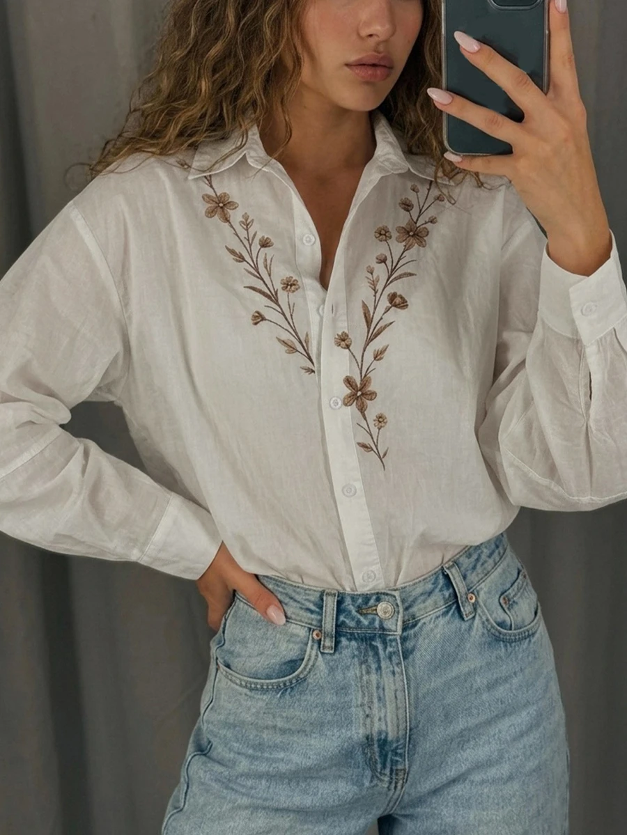 DAZY Women's Printed Casual Loose Fit Blouse Fall - White - View 1