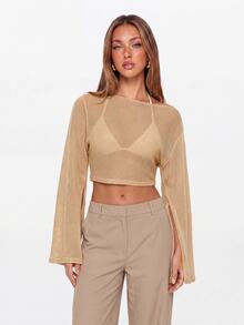 Avantive Sweater Crop Lengan Cape Warna Polos untuk Wanita, Cocok untuk Pergi Keluar, Klub Malam, Musim Gugur, Seksi - Aprikot - View 4