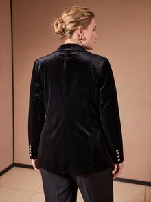 MOTF PREMIUM PLUS SIZE WOMEN'S AUTUMN/WINTER VELVET DOUBLE-BREASTED FITTED BLAZER - Black - View 7