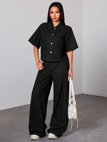 SHEIN PETITE 女款時尚單排扣口袋牛仔外套 外出早午餐旅行上衣 日常黑色夏季休閒基礎街頭風 - 黑色 - 查看 4