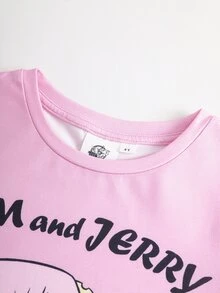 TOM & JERRY X SHEIN Young Girl Letter Print Short Sleeve T-Shirt And Shorts Loungewear Set - Baby Pink - View 3