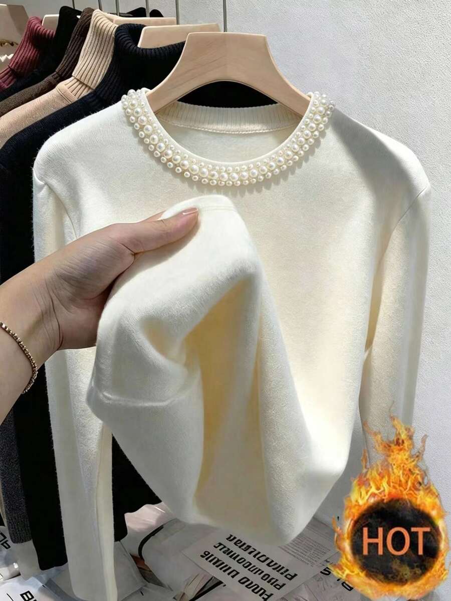 GlowEve CURVE Kaos Wanita Ukuran Besar Musim Dingin Kasual Berlapisan Termal dengan Dekorasi Manik-manik - Krem - View 1