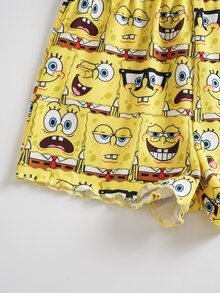 SpongeBob SquarePants | SHEIN Tween Girl Cartoon Print Cami Top And Shorts Casual Daily Home Sleepwear Set - Yellow - View 7