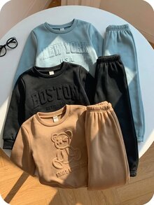 SHEIN 6件組小男孩可愛休閒冬季開學字母與熊圖案長袖秋季運動衫與慢跑褲套裝，兒童服飾 - 黑色 - 查看 3