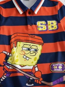 SpongeBob SquarePants | SHEIN Young Boy Letter Stripe Print Short Sleeve Casual Polo Collar T-Shirt - Orange - View 5
