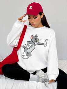 TOM & JERRY X SHEIN SHEIN EZwear 女款卡通印花長袖上衣與內搭褲休閒日常套裝 - 彩色 - 查看 3