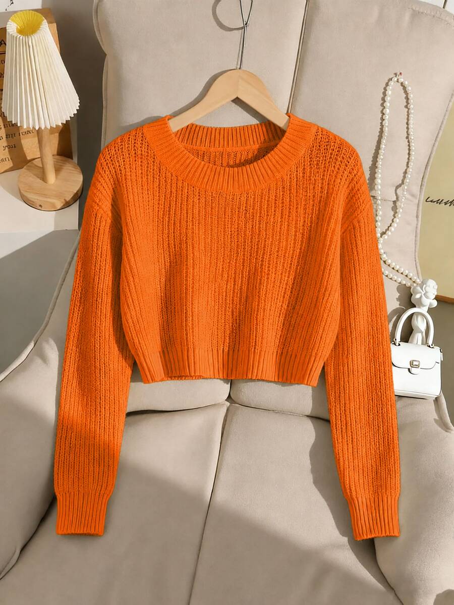 SHEIN Tween Girl Solid Color Crew Neck Long Sleeve Casual Sweater - Orange - View 1