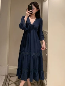 Dazy Tall Women's V-Neck Waist-Cinching Long Casual Dress Vacation - Navy Blue - View 8