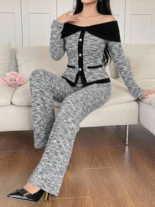 DAZY Women's Colorblock Off-Shoulder Knit Top And Pants 2 Pieces Set, Premium Autumn/Winter Dinner Office Black And White Gray Elegant - Grey - View 2