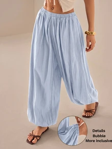 SHEIN PETITE 2026女款春夏度假系列：優雅橄欖綠寬鬆喇叭褲 - 藍色 - 查看 4