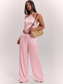 SHEIN BAE Sexy Backless Halter Top And Long Pants Set For Summer - Coral Pink - View 3