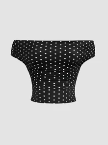 Sweetra Plus Size Early Autumn Ribbed Watermark Polka Dot Asymmetric Neckline Fitted Top And Bodycon Mini Skirt 2 Pieces Set - Black and White - View 7