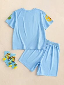 SpongeBob SquarePants | SHEIN 青少年男孩卡通印花圓領上衣與短褲居家休閒套裝 - 藍色 - 查看 2