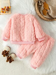 SHEIN Playful Pals 嬰兒服裝套裝，秋冬新款甜美可愛衛衣與毛茸茸長褲 2 件套，粉色可愛兔子圖案，加厚抓絨套裝 - 粉色 - 查看 2