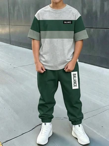 青少年男孩休閒舒適時尚簡約圓領短袖T恤與長褲套裝，經典酷感方格分割圖案印花，精緻小Logo文字圖案印花，適合秋冬返校季 - 白色 - 查看 2