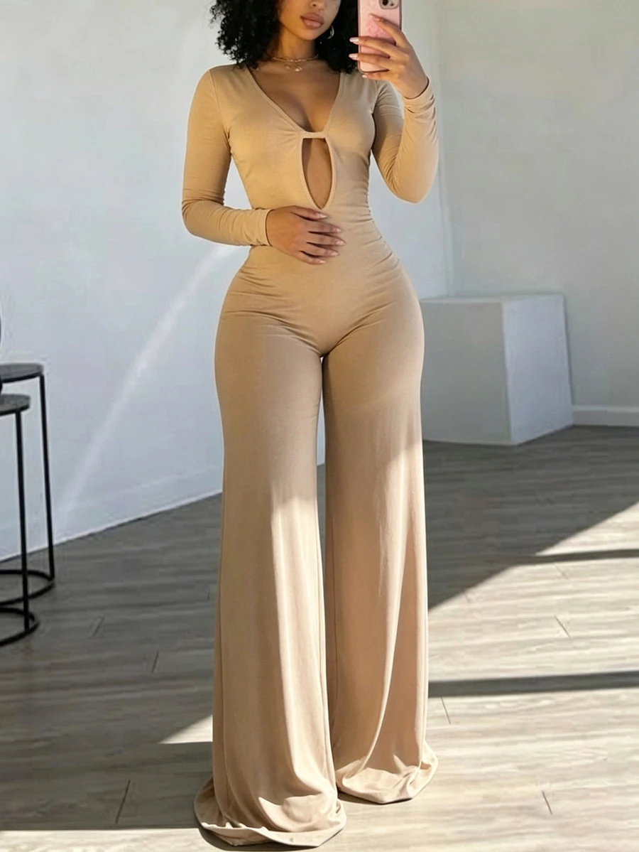 INAWLY Solva جمبسوت بلون موحد بتصميم مفرغ وأكمام طويلة وساق واسعة - لون مشمشي - مشاهدة 1