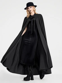 Breakform Halloween Gothic Style Women's Fashion Solid Color Hooded Velvet Lace-Up Open Front Oversized Cape Coat - Black - View 6