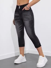 SHEIN Essnce 7英吋女款牛仔緊身牛仔褲 - 黑色 - 查看 4