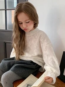 DAZY Pullover Longgar Warna Krem dengan Pola Tekstur Lengan Panjang, Kemeja Rajut Jacquard Musim Gugur untuk Anak Perempuan Muda - Krem - View 1
